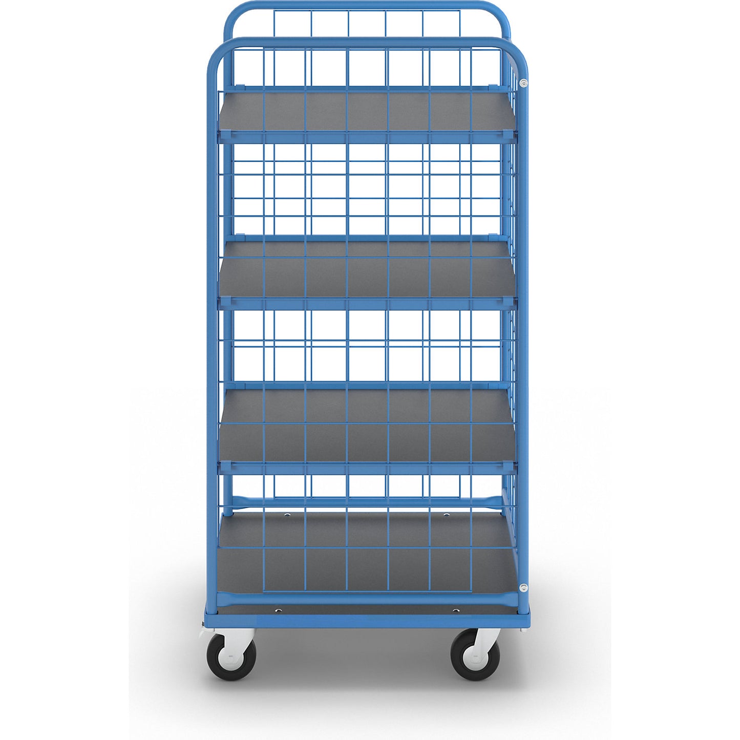 KOMPAKT shelf truck, mesh panels on 3 sides, platform 750 x 650 mm, with 3 shelves.