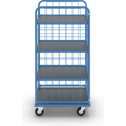 KOMPAKT shelf truck, mesh panels on 3 sides, platform 750 x 650 mm, with 3 shelves.