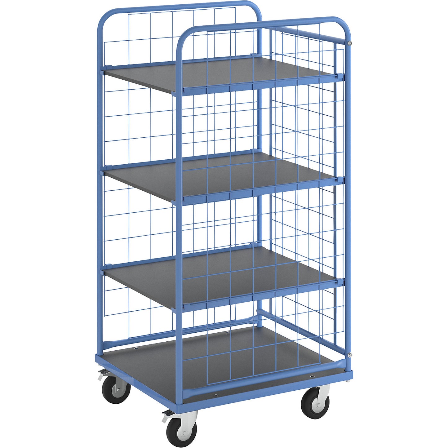 KOMPAKT shelf truck, mesh panels on 3 sides, platform 750 x 650 mm, with 3 shelves.
