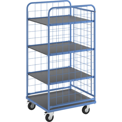 KOMPAKT shelf truck, mesh panels on 3 sides, platform 750 x 650 mm, with 3 shelves.