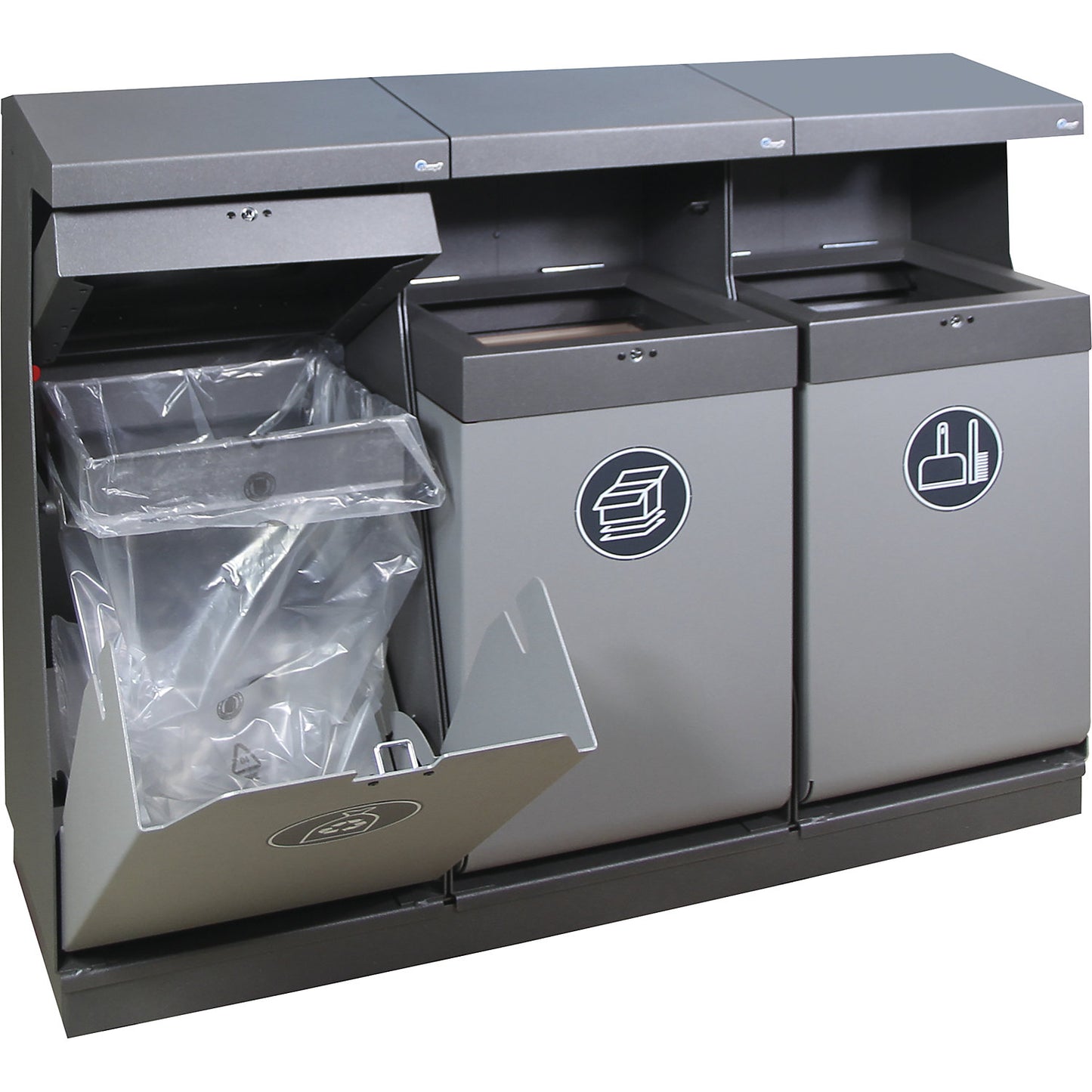 Outdoor recyclable waste collection station, capacity 3 x 75 l, grey.