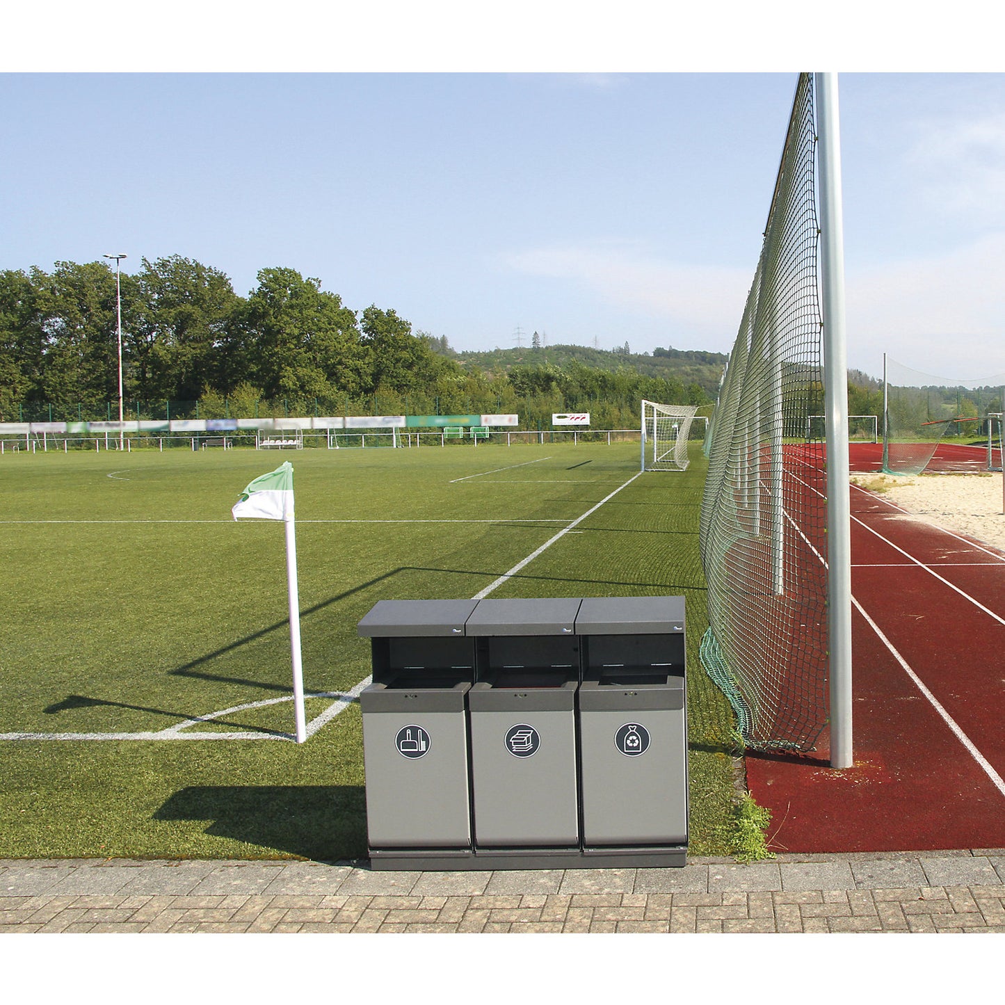 Outdoor recyclable waste collection station, capacity 3 x 75 l, grey.