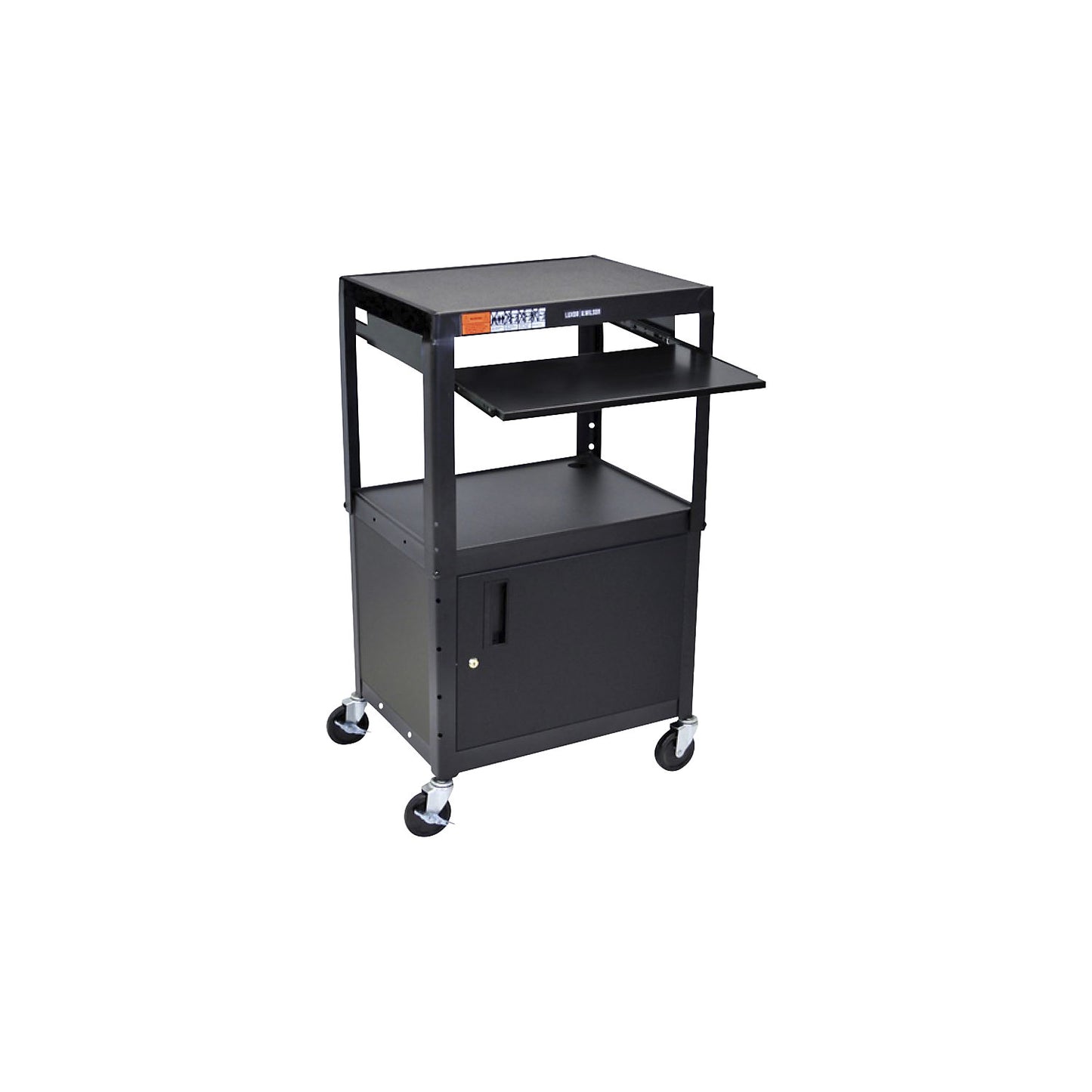 Metal trolley, max. load 135 kg, with base cupboard and drawer, black frame.