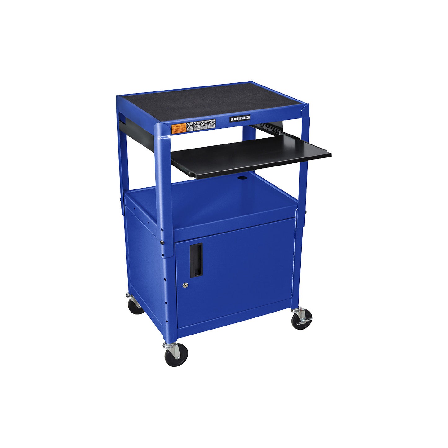 Metal trolley, max. load 135 kg, with base cupboard and drawer, blue frame.