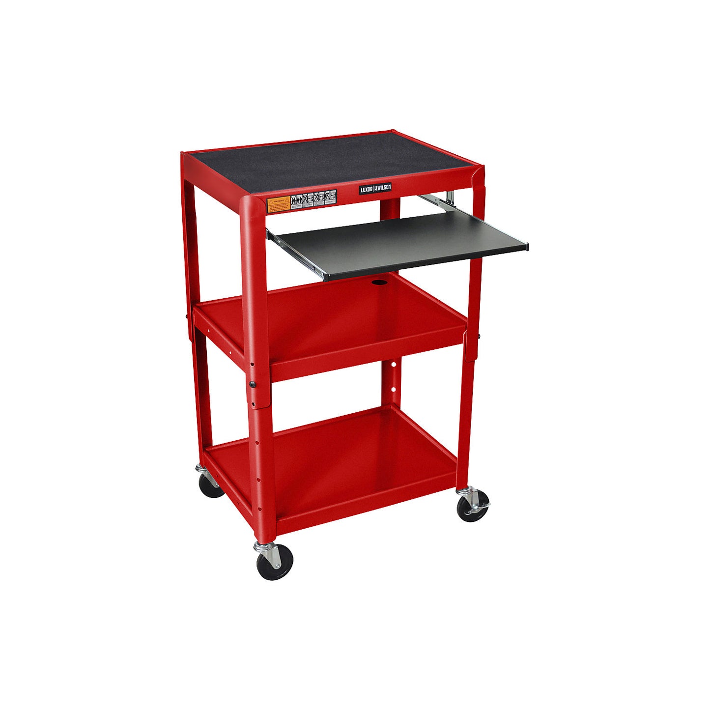 Metal trolley, max. load 135 kg, 3 shelves, with drawer, red frame.