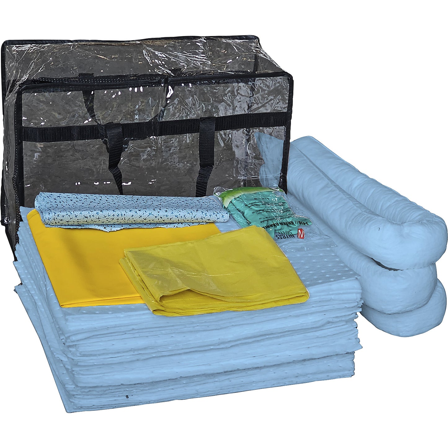Kit for spillage emergencies with single use sealing mat, bag, sealing mat, sheeting, absorption 50 l, oil version, blue.