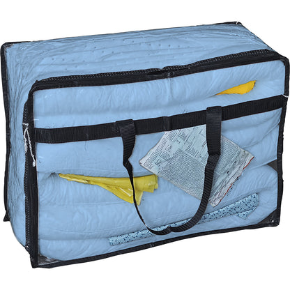Kit for spillage emergencies with single use sealing mat, bag, sealing mat, sheeting, absorption 50 l, oil version, blue.