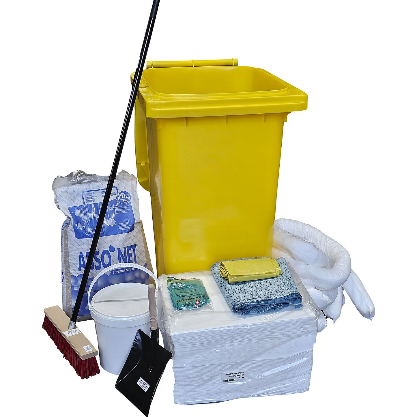 Spillage emergency kit, in a plastic drum, absorbs 200 litres, oil version, white.