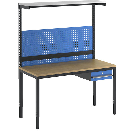 Complete workplace, height adjustable, incl. single drawer, perforated panel, bin rail, shelf, multiplex worktop.
