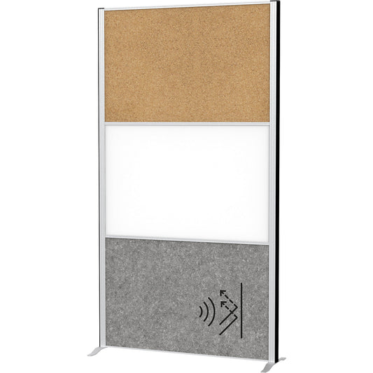 MAULconnecto partitioning system, 1x acoustic, 1x cork, 1x whiteboard, white/brown/dark grey, without castors.