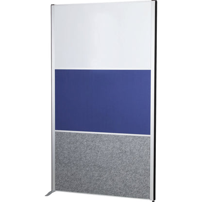 MAULconnecto partitioning system, 1x acoustic, 1x fabric, 1x whiteboard, white/blue/dark grey, without castors.