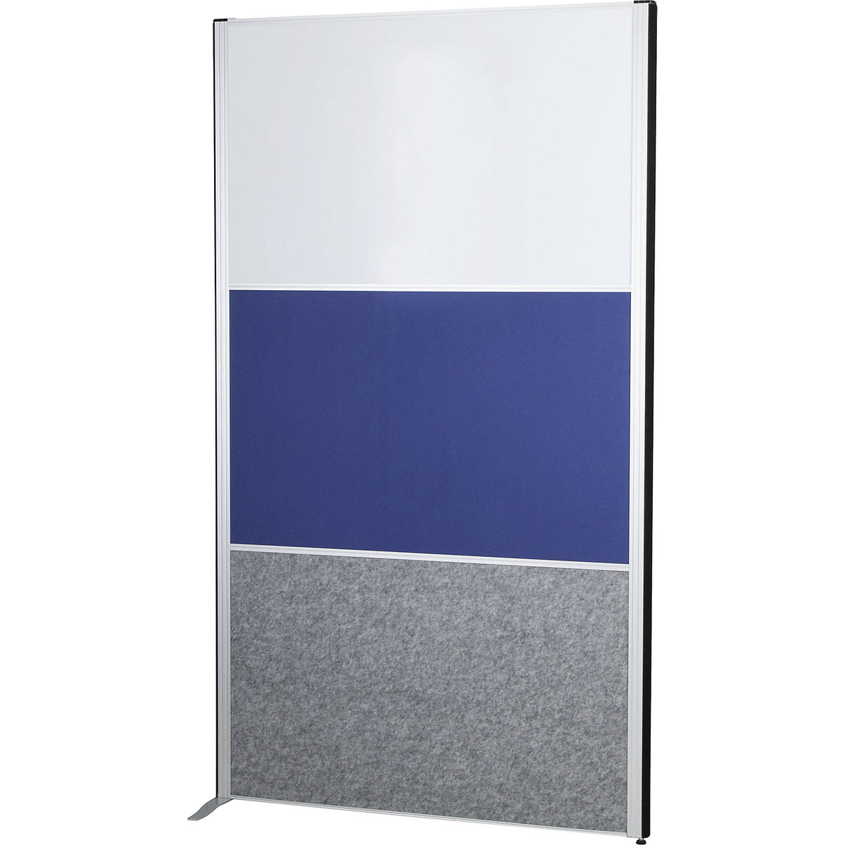 MAULconnecto partitioning system, 1x acoustic, 1x fabric, 1x whiteboard, white/blue/dark grey, without castors.