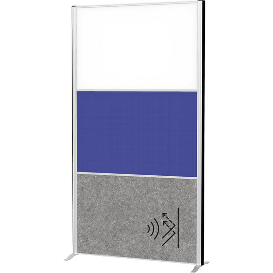 MAULconnecto partitioning system, 1x acoustic, 1x fabric, 1x whiteboard, white/blue/dark grey, without castors.