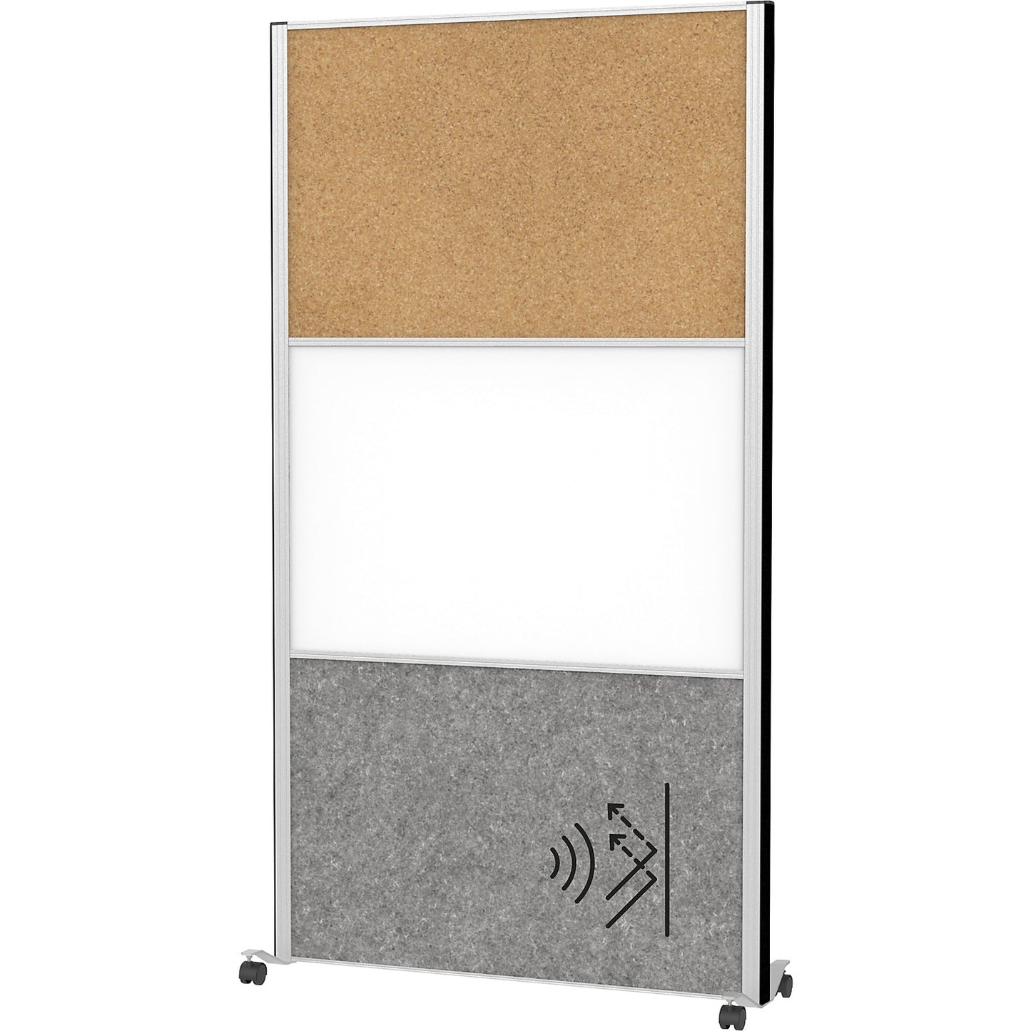MAULconnecto partitioning system, 1x acoustic, 1x cork, 1x whiteboard, white/brown/dark grey, castors.
