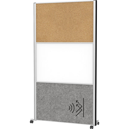 MAULconnecto partitioning system, 1x acoustic, 1x cork, 1x whiteboard, white/brown/dark grey, castors.