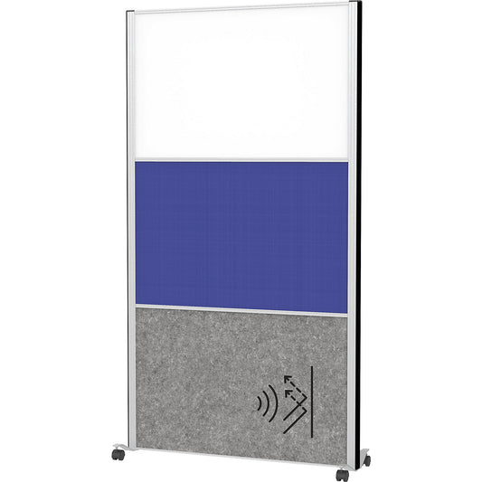 MAULconnecto partitioning system, 1x acoustic, 1x fabric, 1x whiteboard, white/blue/dark grey, castors.
