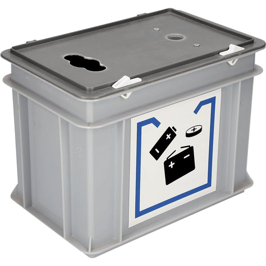 Used battery collection box, with cover and access opening, capacity 9 l, LxWxH 300 x 200 x 230 mm.