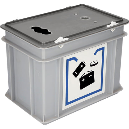 Used battery collection box, with cover and access opening, capacity 20 l, LxWxH 400 x 300 x 235 mm.
