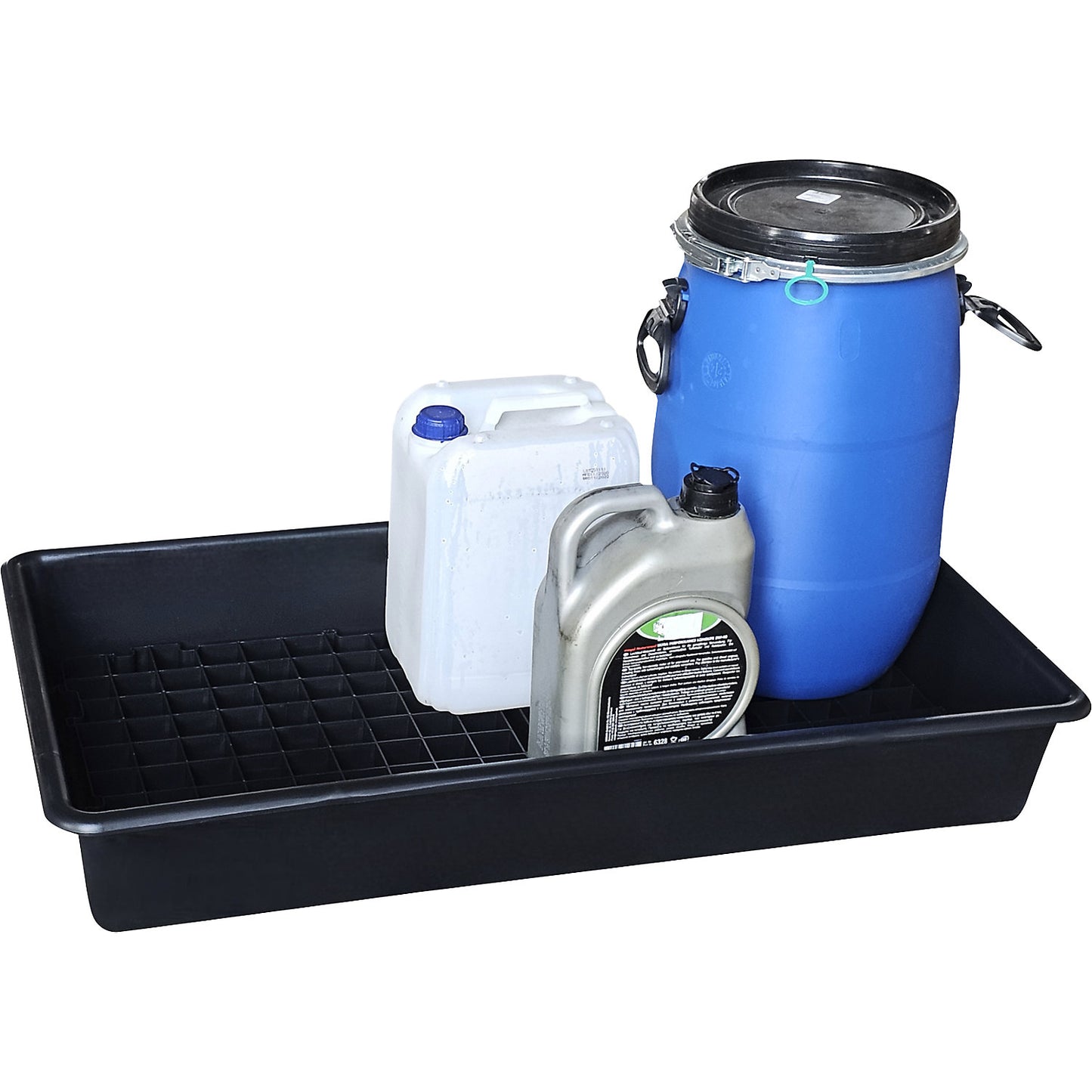 PE sump tray for small containers, volume 64.5 l, without certification, with PE grate.