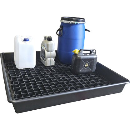 PE sump tray for small containers, volume 100 l, without certification, with PE grate.