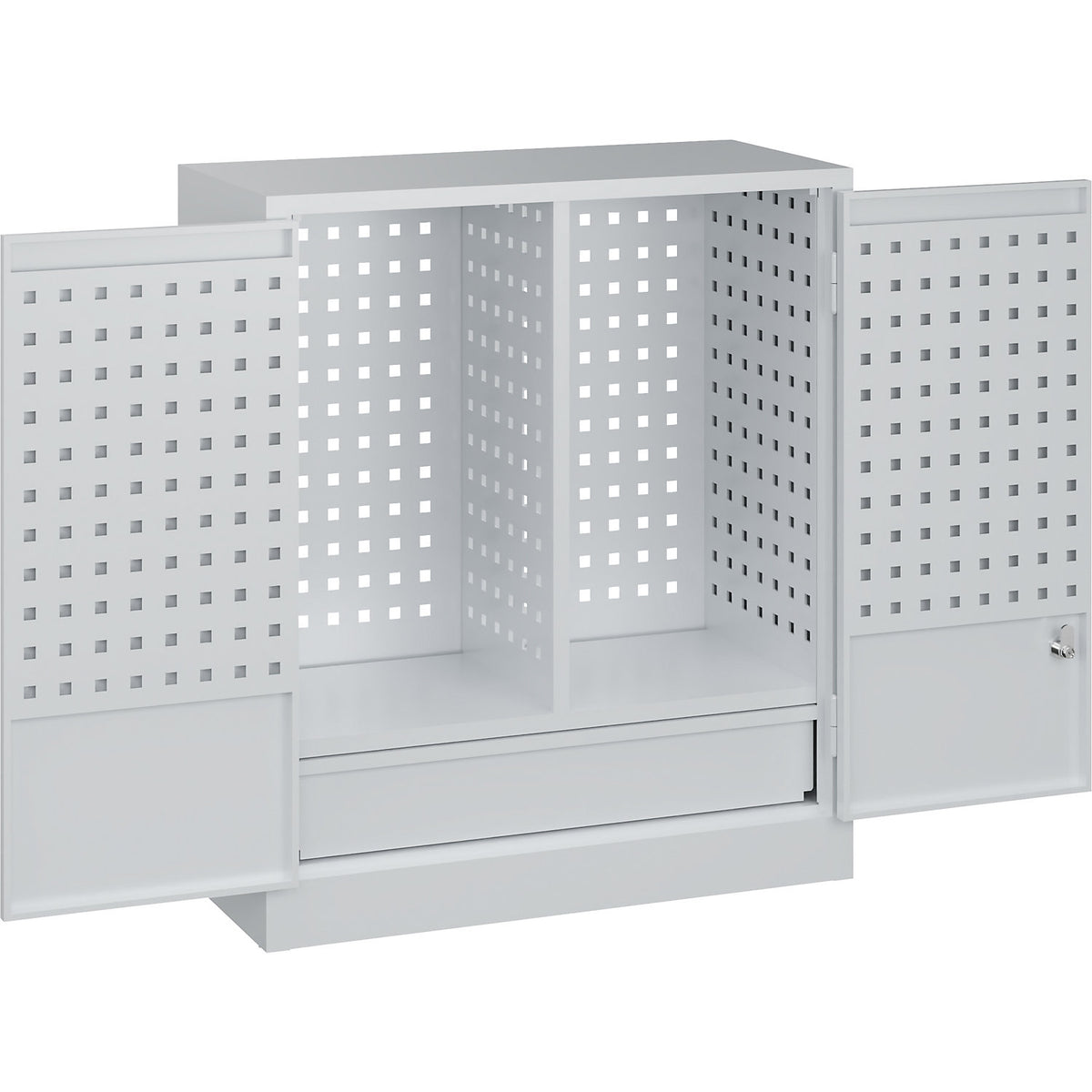 Wall mounted workshop cupboard with perforated panels, drawer, HxWxD 800 x 700 x 300 mm, light grey.