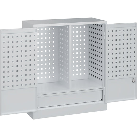 Wall mounted workshop cupboard with perforated panels, drawer, HxWxD 800 x 700 x 300 mm, light grey.