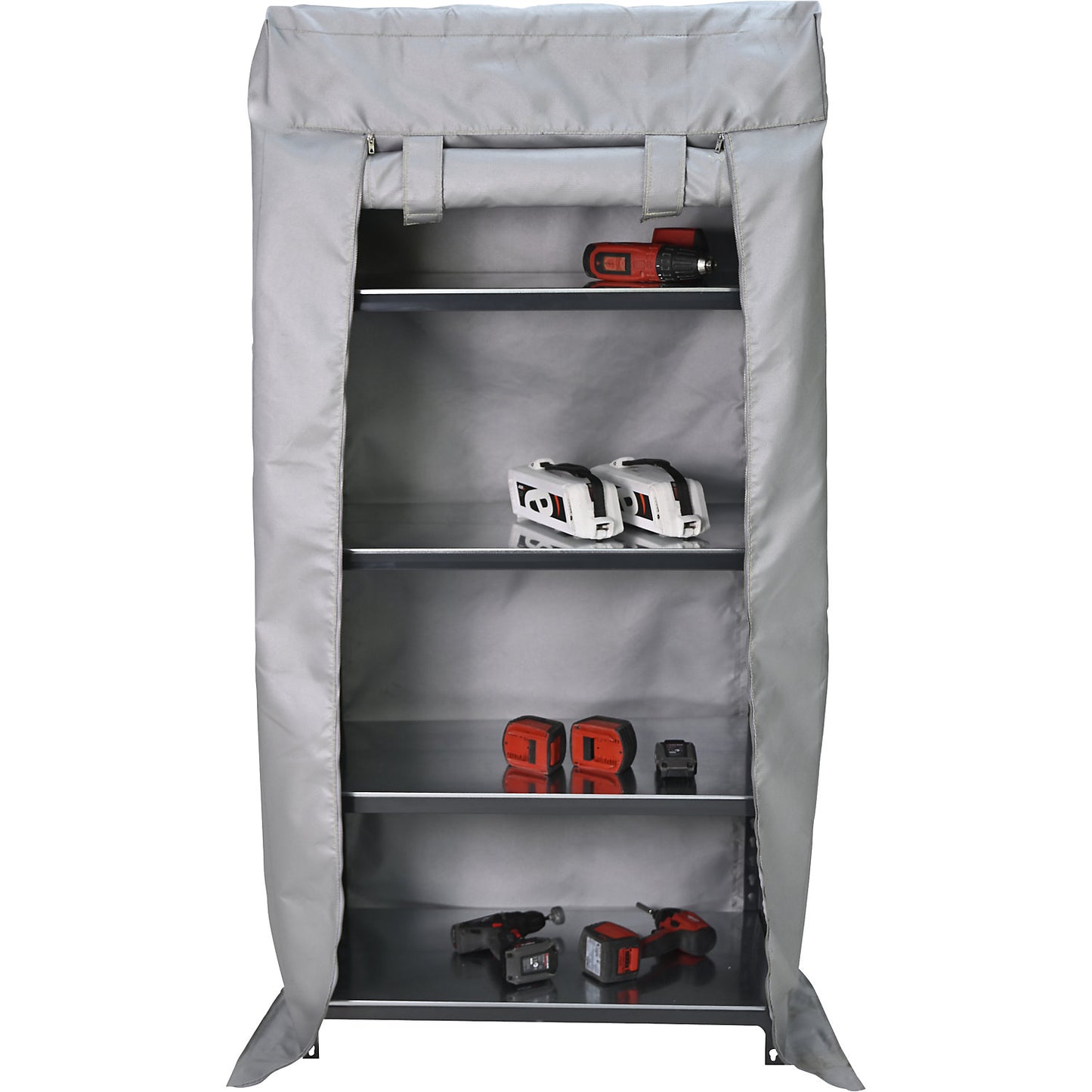 Shelving unit with fire containment cover, height 1800 mm, for storage of rechargeable batteries, WxD 800 x 400 mm.
