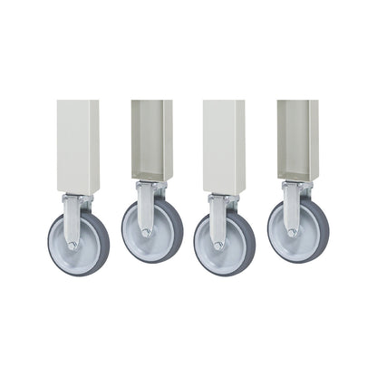 Set of castors, including bolt hole, 200 kg, 2 fixed castors and 2 swivel castors with wheel stops.