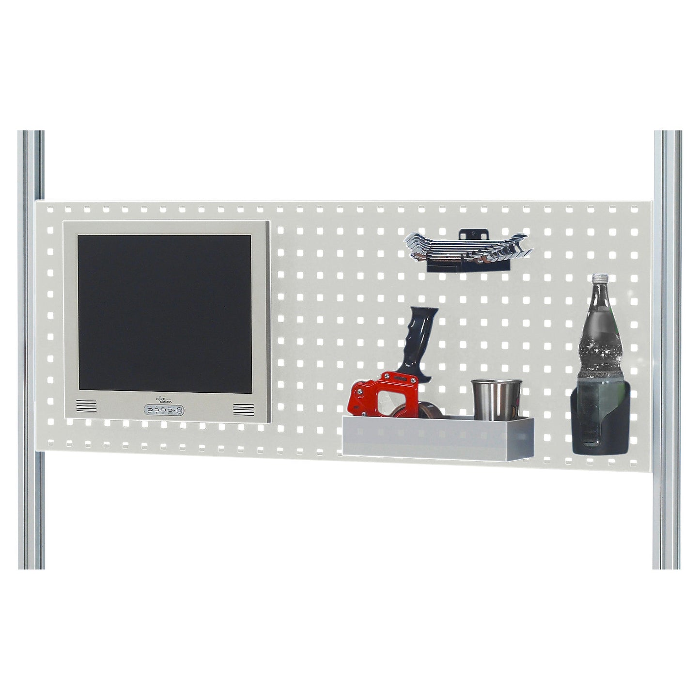 Perforated panel, light grey RAL 7035, sheet steel, WxDxH 1500 x 40 x 450 mm.