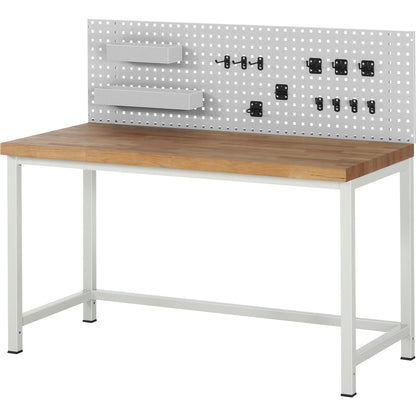 Perforated panel including holder set, for workbench installation, with 2 bins and 12 brackets, WxDxH 3000 x 15 x 450 mm.