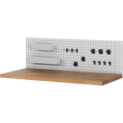 Perforated panel including holder set, for workbench installation, with 2 bins and 12 brackets, WxDxH 3000 x 15 x 450 mm.