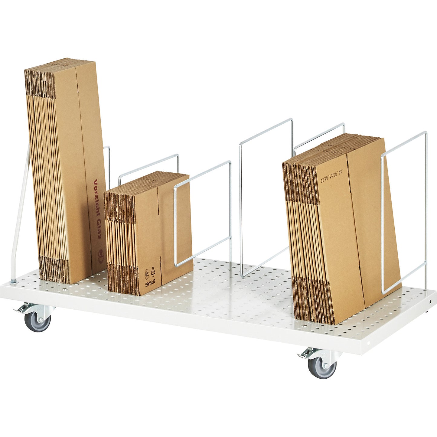 Packaging shelf, mobile, light grey RAL 7035, 665 x 650 mm, 4 plug-in supports (2 x 300 mm, 2 x 500 mm).