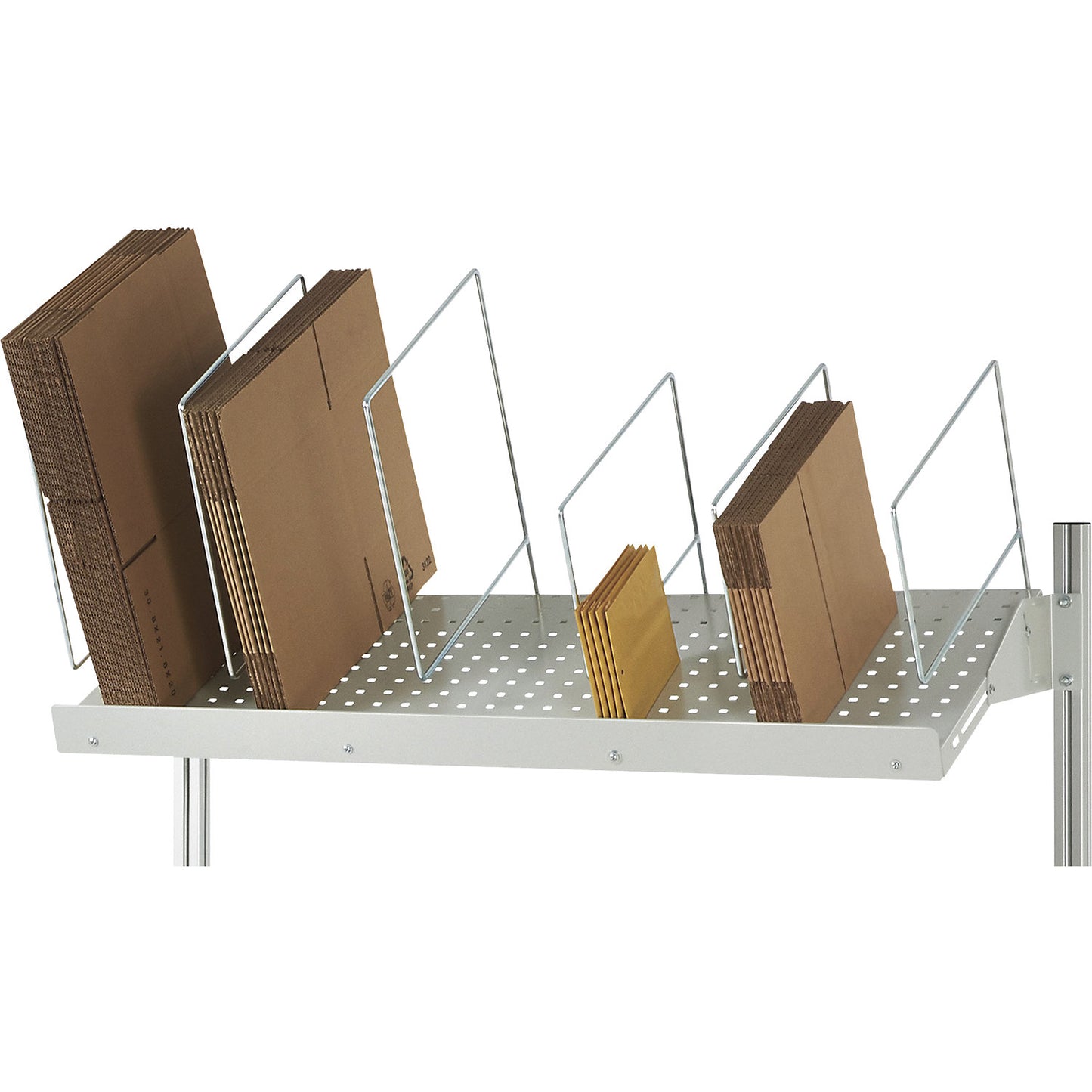 Packaging shelf, light grey RAL 7035, WxD 1250 x 450 mm, 6 plug-in supports (3 x 300 mm, 3 x 500 mm).