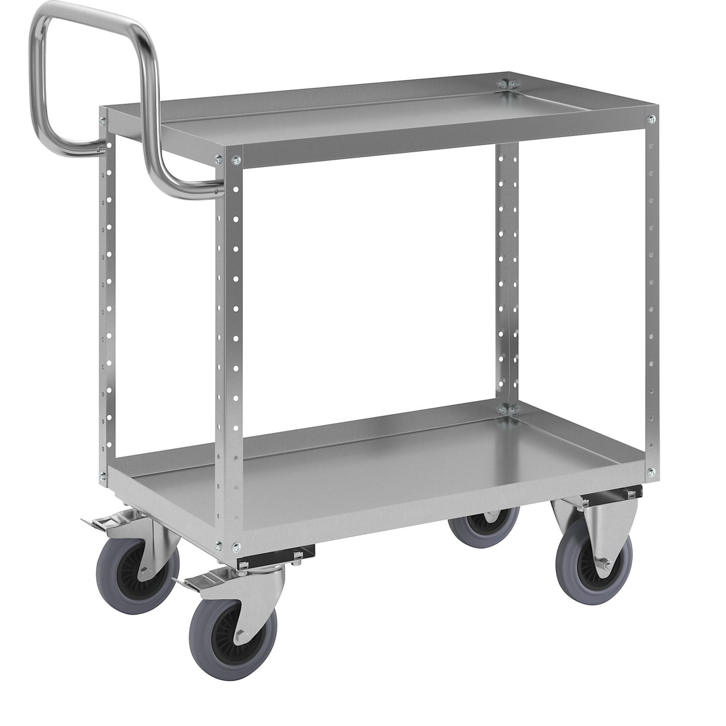 CustomLine general purpose trolley, 2 shelves, stainless steel, solid rubber tyres, non-marking.