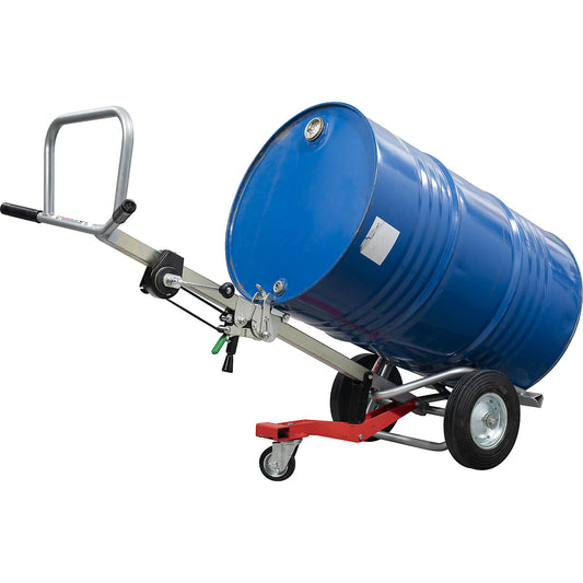 Drum truck for metal and plastic drums, max. load 350 kg, with lifting winch.