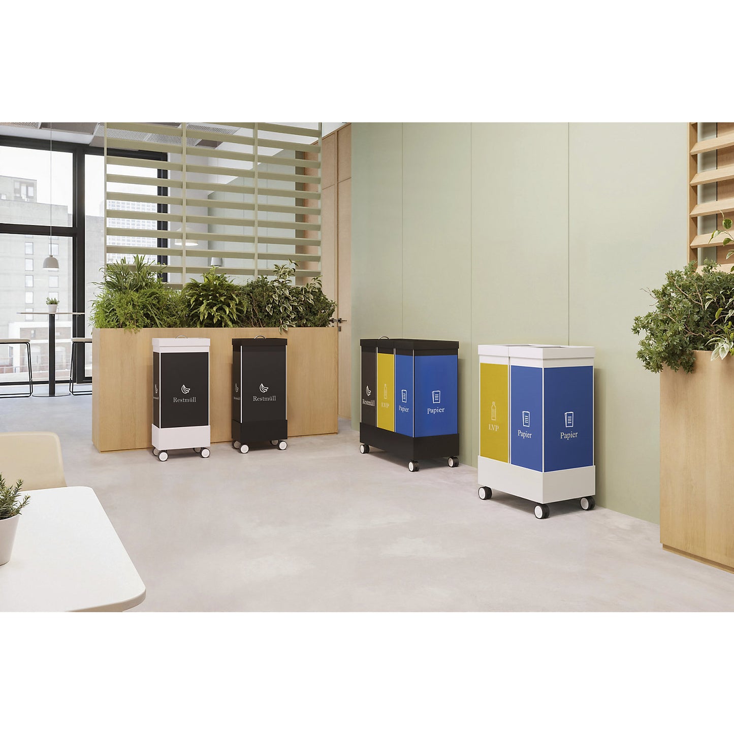 Recycling collector, plastic, capacity 60 l, height 760 mm, body white, symbol for paper.