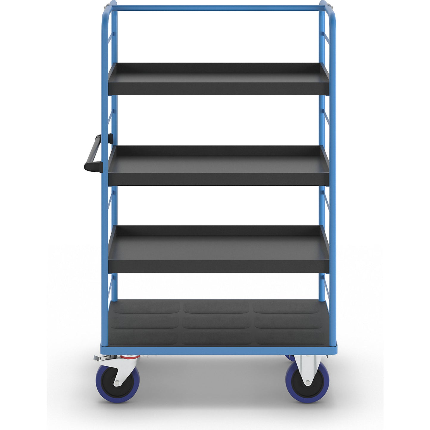 Shelf truck, 2 side panels, platform LxW 975 x 700 mm, 4 shelves, with raised edges, fully elastic.