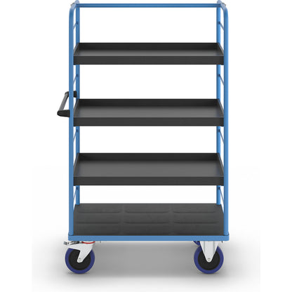 Shelf truck, 2 side panels, platform LxW 975 x 700 mm, 4 shelves, with raised edges, fully elastic.