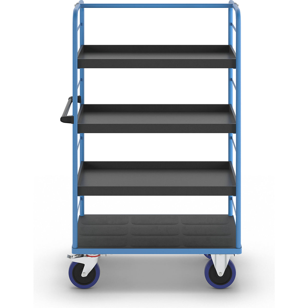 Shelf truck, 2 side panels, platform LxW 975 x 700 mm, 4 shelves, with raised edges, fully elastic.
