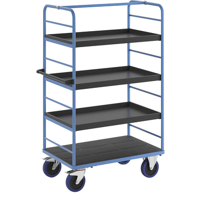 Shelf truck, 2 side panels, platform LxW 975 x 700 mm, 4 shelves, with raised edges, fully elastic.