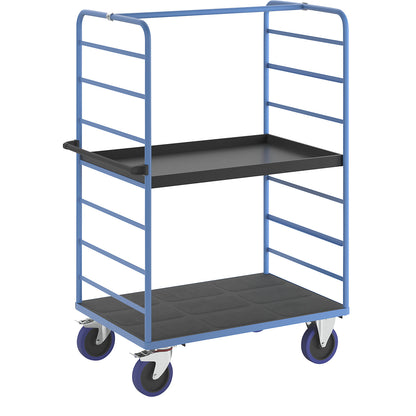 Shelf truck, 2 side panels, platform LxW 1175 x 800 mm, 2 shelves, with raised edge, fully elastic.