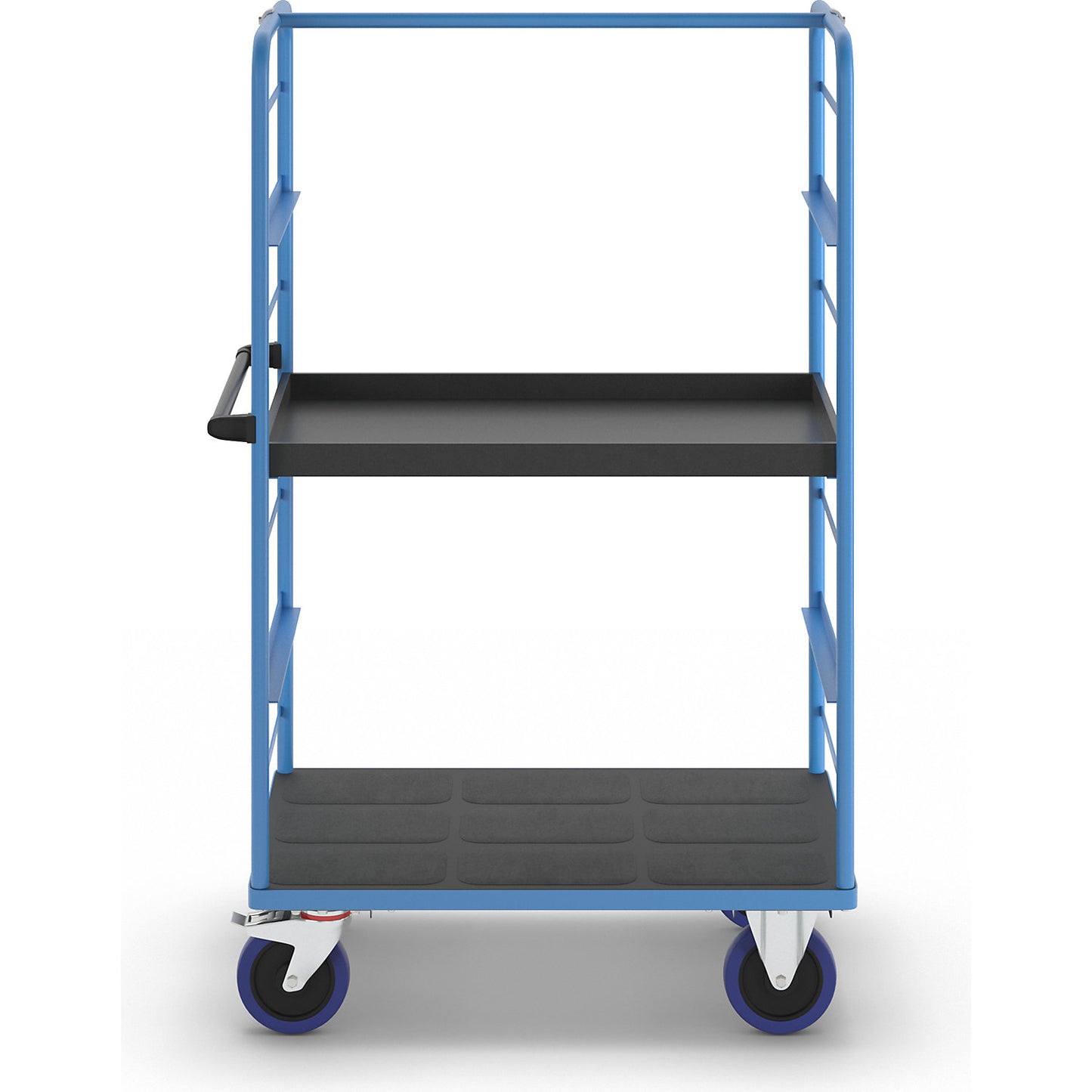 Shelf truck, 2 side panels, platform LxW 975 x 700 mm, 2 shelves, with a raised edge, fully elastic.