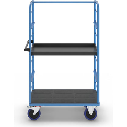Shelf truck, 2 side panels, platform LxW 975 x 700 mm, 2 shelves, with a raised edge, fully elastic.