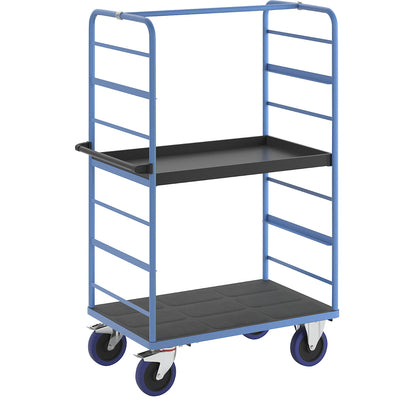 Shelf truck, 2 side panels, platform LxW 975 x 700 mm, 2 shelves, with a raised edge, fully elastic.