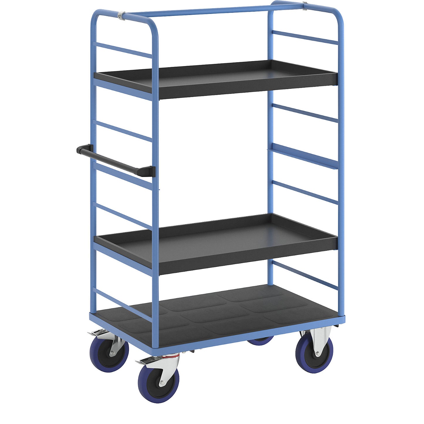 Shelf truck, 2 side panels, platform LxW 975 x 700 mm, 3 shelves, with raised edge, fully elastic.