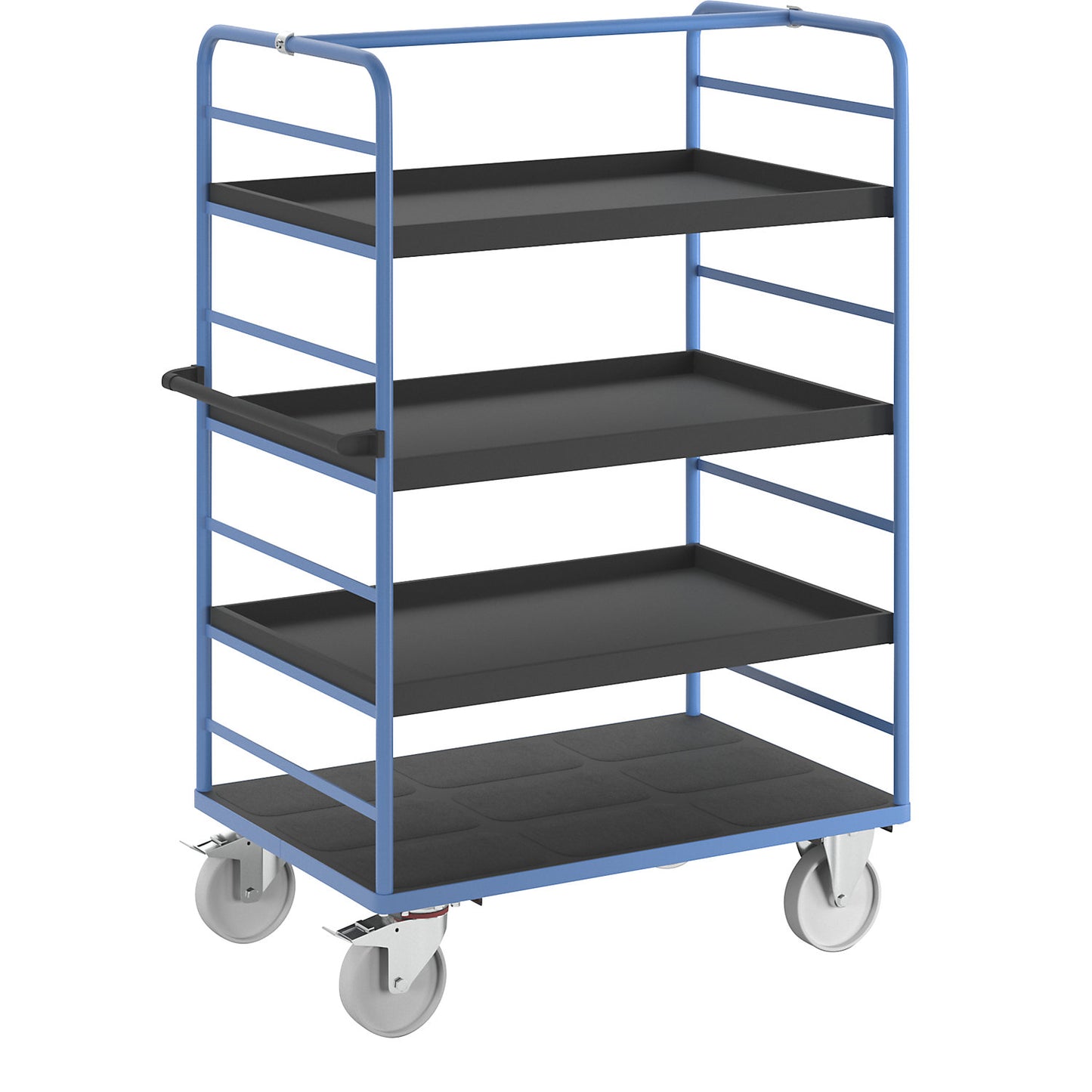 Shelf truck, 2 side panels, platform 1175 x 800 mm, 4 levels, with a rim, nylon.