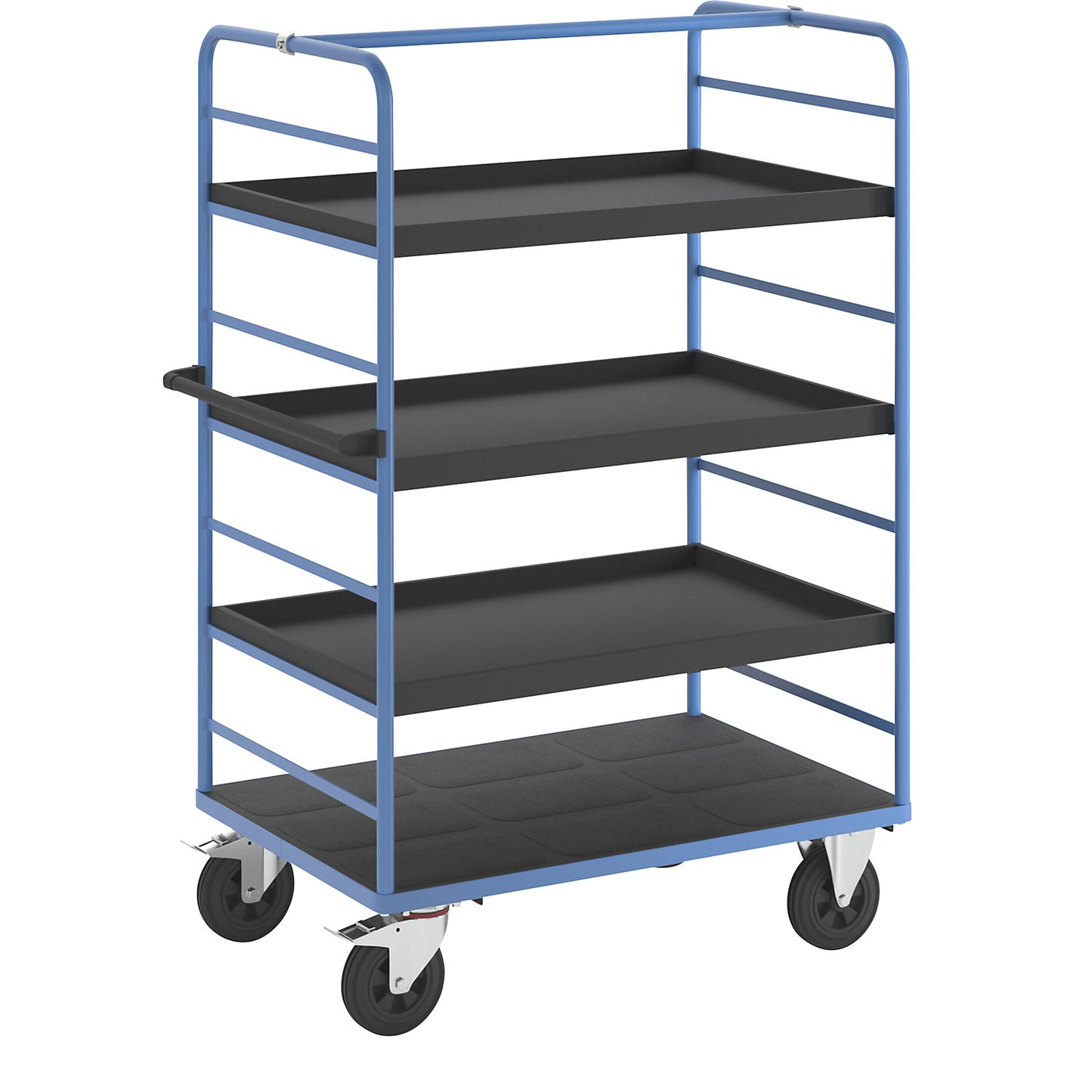 Shelf truck, 2 side panels, platform 1175 x 800 mm, 4 levels, with edge, solid rubber.