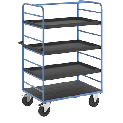 Shelf truck, 2 side panels, platform 1175 x 800 mm, 4 levels, with edge, solid rubber.