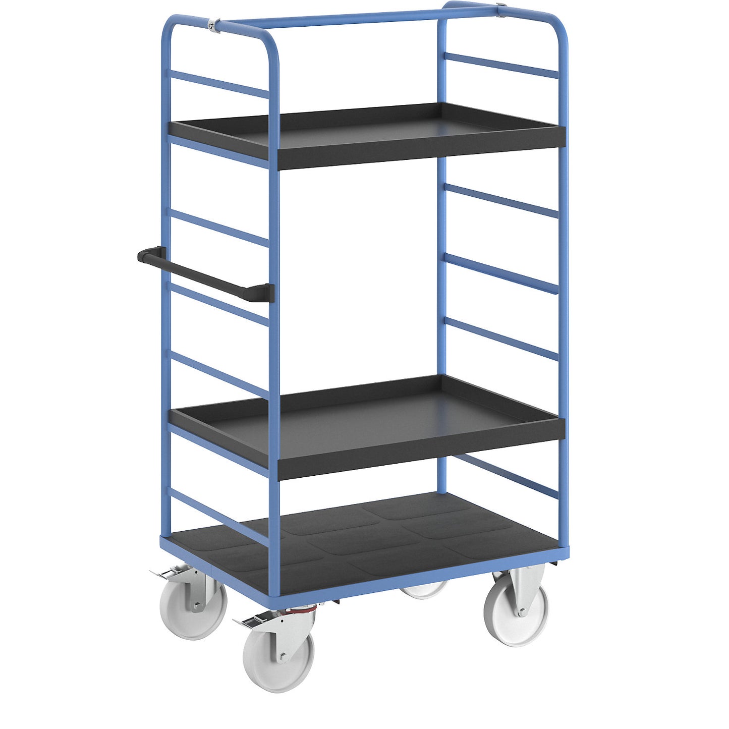 Shelf truck, 2 side panels, platform 975 x 700 mm, 3 levels, with a rim, nylon.