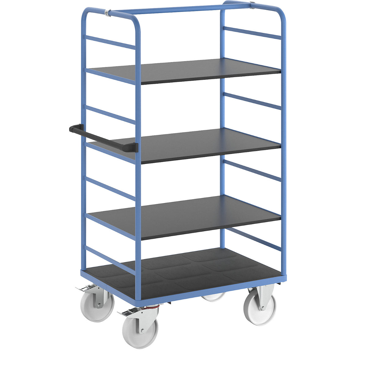Shelf truck, 2 side panels, platform 975 x 700 mm, 4 levels, nylon.